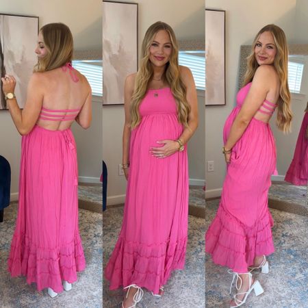 Pink dress
Baby shower dress
Maternity 
Pregnant
Bump friendly 
Summer fashion 
Spring 
White lace up heels 

#LTKShoeCrush #LTKBaby #LTKFindsUnder100