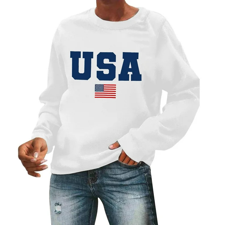 Womens Oversized USA Sweatshirts American Flag Crewneck Long Sleeve Tops 4th of July Casual Loose... | Walmart (US)