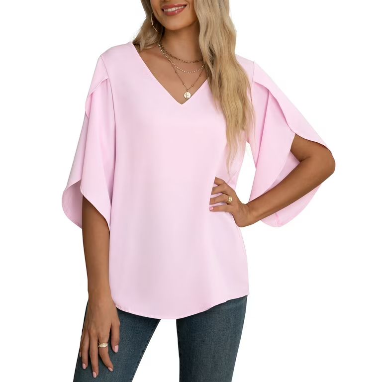 Asklazy Women's Fall Casual 3/4 Ruffled Sleeve Chiffon Blouse Tops for Women - Walmart.com | Walmart (US)