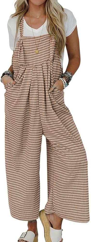 chouyatou Women's Sleeveless Plaid Wide Leg Bib Overall Casual Loose Gingham Jumpsuits with Pocke... | Amazon (CA)