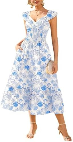 GRACE KARIN Women's Summer Floral Maxi Dress 2026 Ruffle Sleeve Smocked Sundress Flowy Wedding Gu... | Amazon (US)