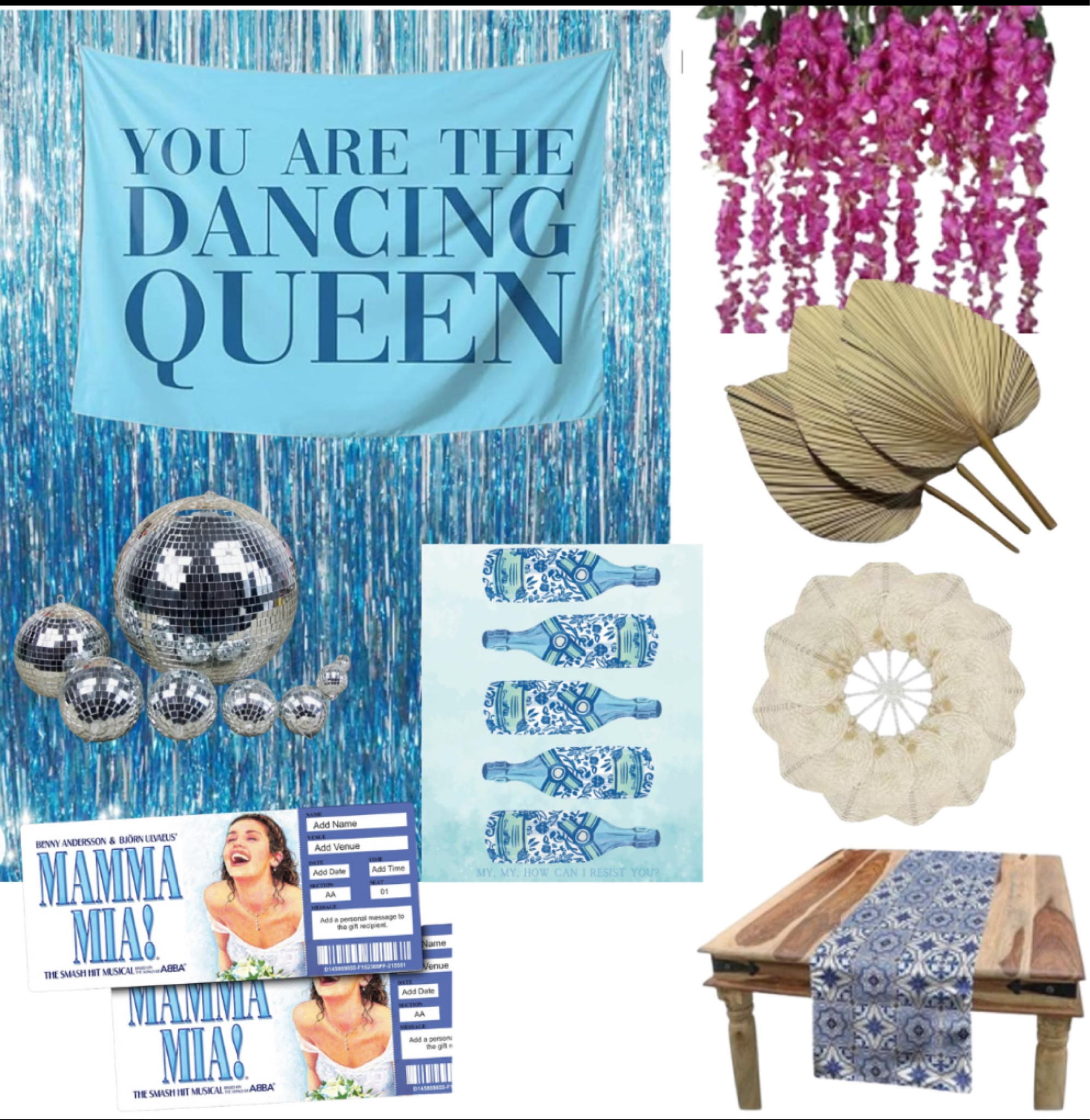 Mama Mia Bachlorette 
Bachlorette themes
Disco 
Mediterranean theme 
Mama Mia 
Bachlorette
Amazon finds 
Birthday party 