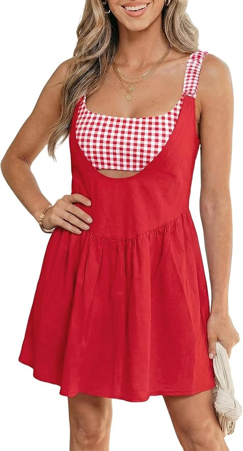 Womens Summer Sleeveless Mini Dress Gingham Built-in Bra and Shorts Cut-Out Backless Athletic Dre... | Amazon (US)
