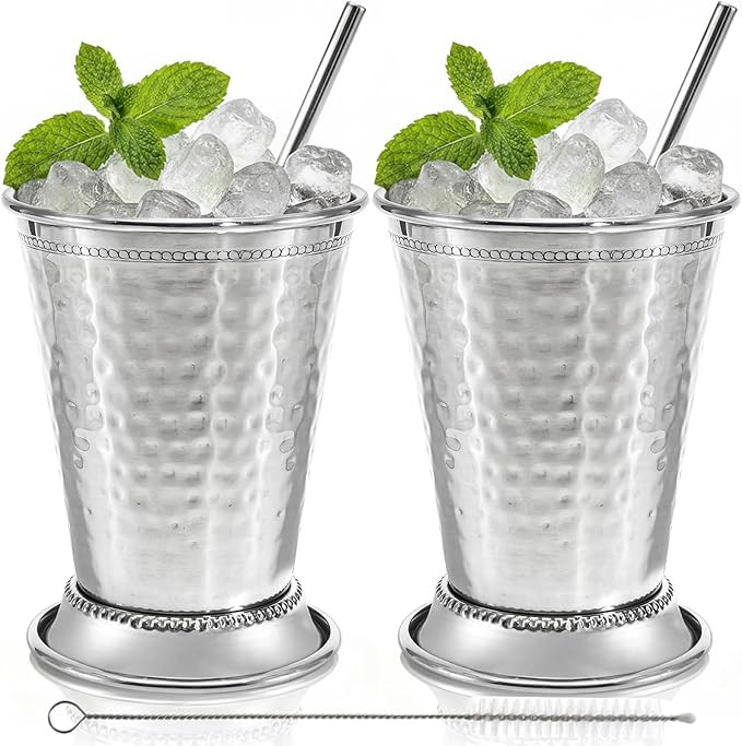 Peohud Set of 2 Mint Julep Cups, 12 Oz Hammered Stainless Steel Drinking Glasses with Straws, Sil... | Amazon (US)