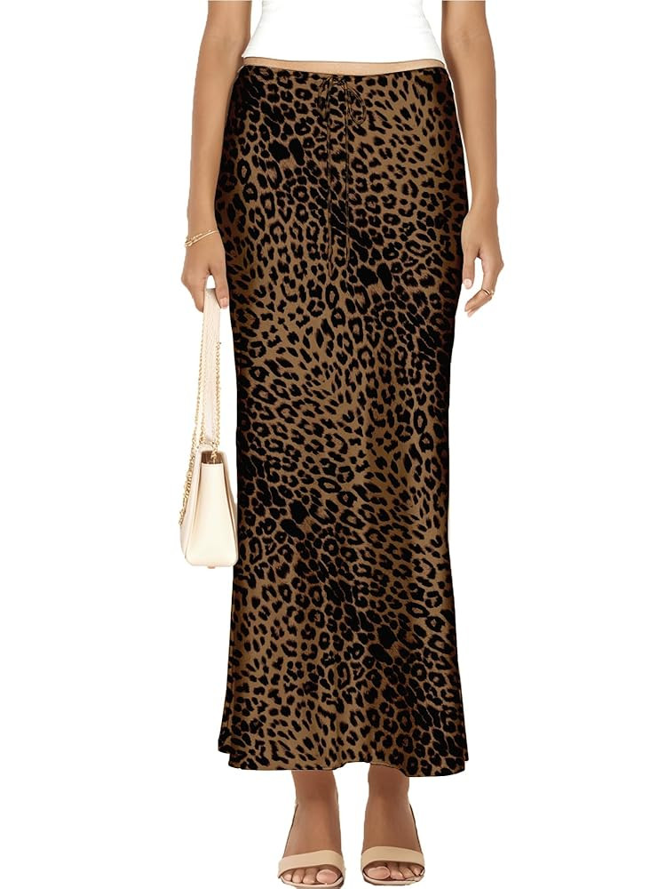 Womens Satin Silk Maxi Skirts Drawstring Flared Casual A-Line Long Skirt for Women | Amazon (US)