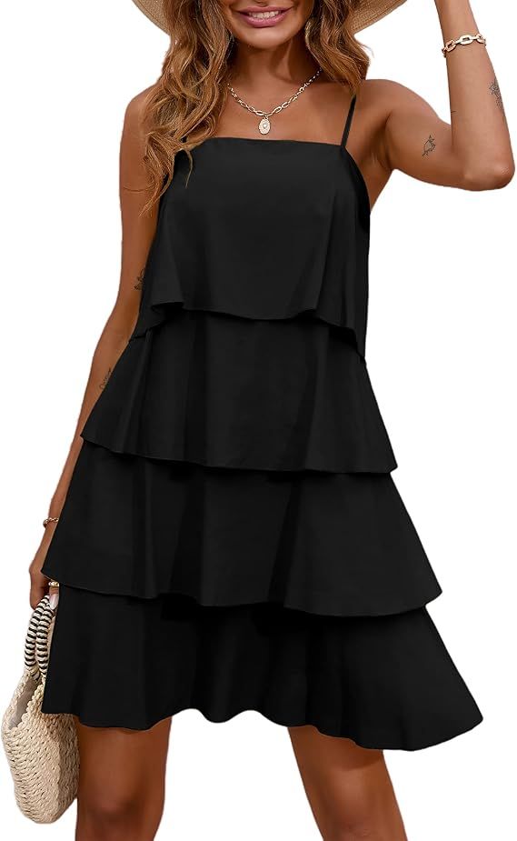 Okiwam Women's Summer Casual Boho Spaghetti Strap Sleeveless Short Dress Ruffle Tiered A Line Flo... | Amazon (US)