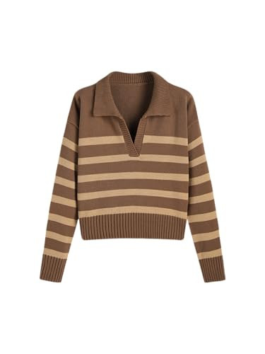 CIDER Women’s Polo Sweater Striped Collared Lightweight Long Sleeve V Neck Pullover Fall Sweater Tops 2024: Khaki, S | Amazon (US)