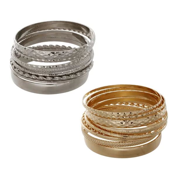 Time and Tru 10 Piece Gold and Silver Tone Textured Bangle Bracelet Set | Walmart (US)