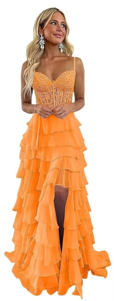 Tiered Lace Prom Dresses for Women Teens 2025 Long Ruffle Spaghetti Straps Chiffon Formal Evening... | Amazon (US)