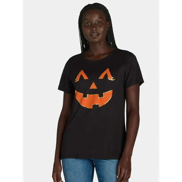 Way to Celebrate Women's Halloween Jack-O-Lantern Eyelash Tee, Sizes S-3XL | Walmart (US)