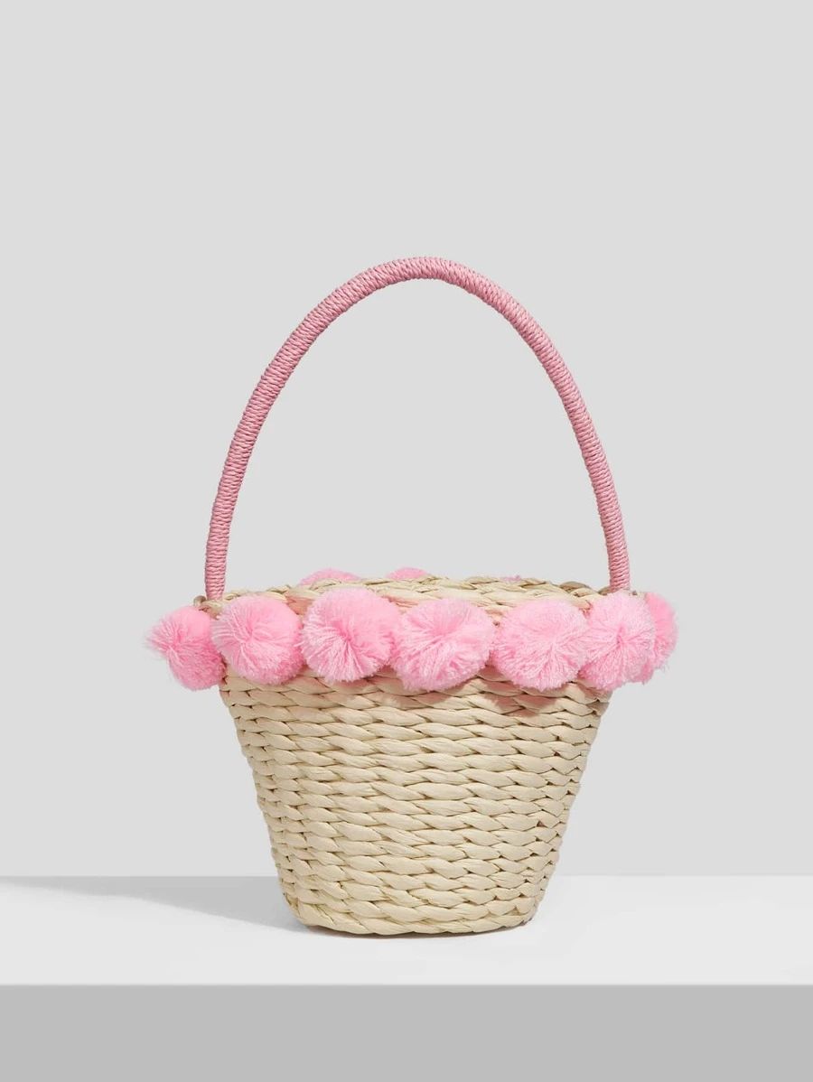 SHEIN VCAY Mini Straw Bag Pink Pom Pom Decor Vacation No-closure With Top-Handle For Summer | SHEIN
