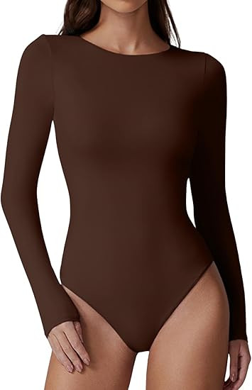 QINSEN Womens Crew Neck Long Sleeve Bodysuit Double Lined Body Suits Basic T-Shirt Tops | Amazon (US)