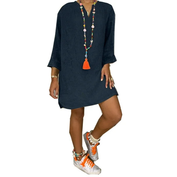 UKAP Women's Plus Size Tunic T-Shirt Dress Summer Cotton Linen T Shirt Knee-Length V Neck Long Sl... | Walmart (US)