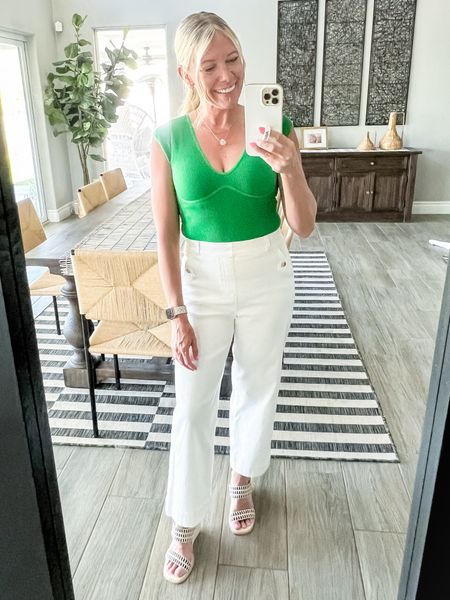 Love this green bodysuit and pink with white wide leg cropped pants. Size small and everything. Use code JENNYXSPANX for 10% off the pants. Amazon fashion 

#LTKover40 #LTKstyletip #LTKSeasonal