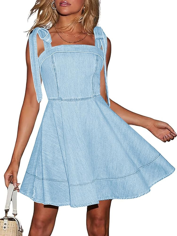utcoco Denim Dress for Women Tie Shoulder Straps Sleeveless Backless Ruffle A Line Swing Babydoll... | Amazon (US)