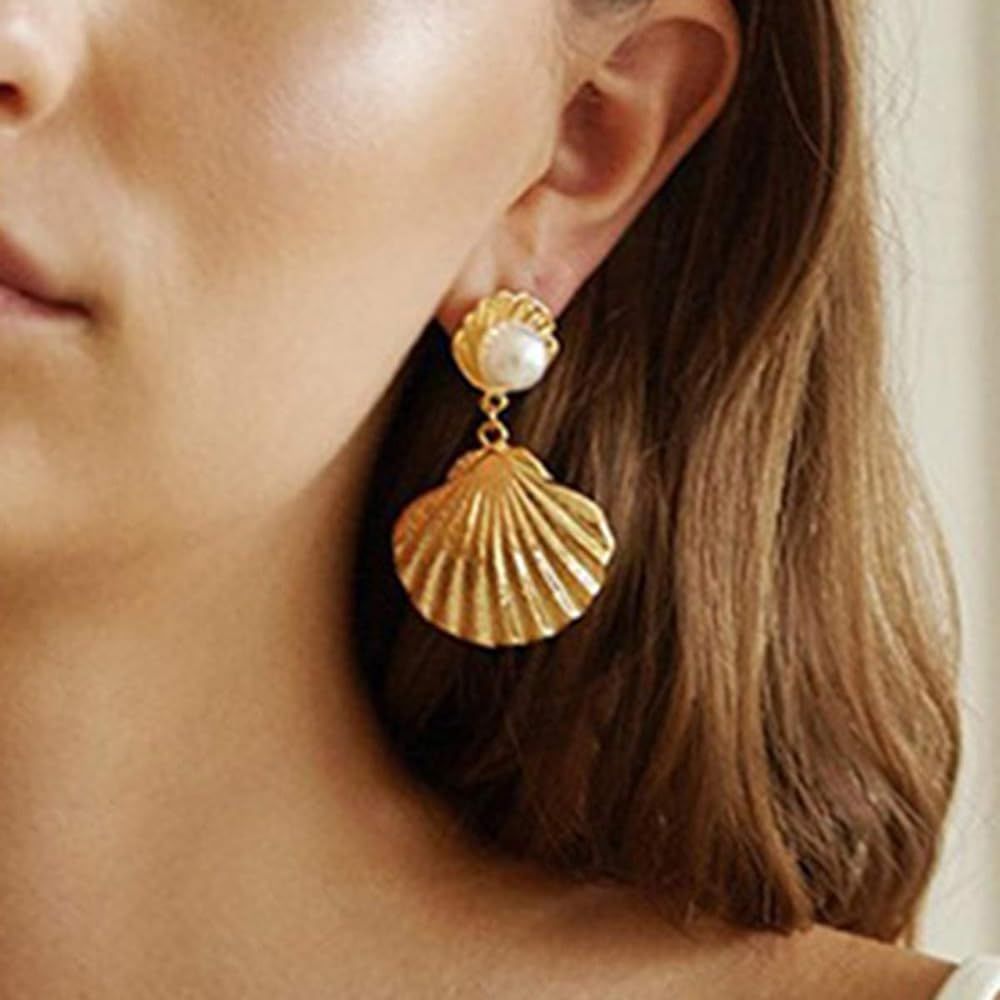 Doubnine Sea Shell Charm Cowrie Earrings Dangle Golden Mermaid Earrings Scallop Beach Retro Chic ... | Amazon (US)