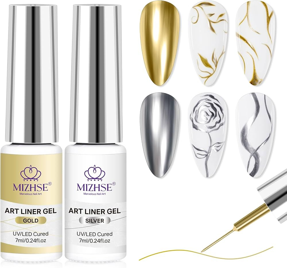 MIZHSE Metallic Gel Liner Nail Art, Gold and Silver Mirror Painting Gel Polish, 3D Chrome Metal G... | Amazon (US)