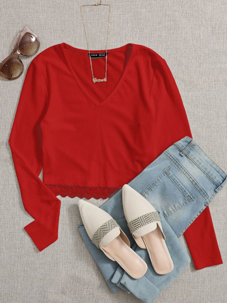 SHEIN V-neck Lace Hem Rib-knit Tee | SHEIN