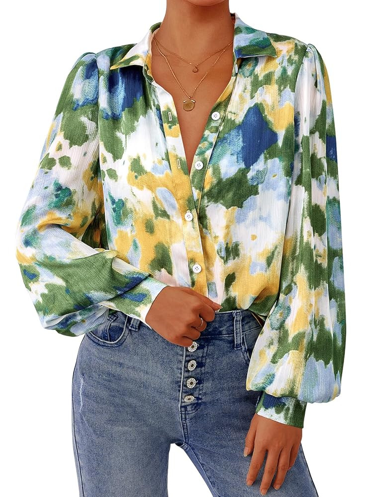 PRETTYGARDEN Women's Floral Blouses Dressy Casual V Neck Button Down Shirts Lantern Long Sleeve B... | Amazon (US)