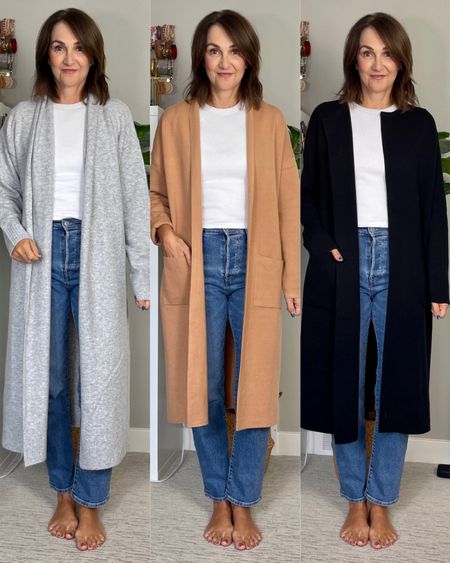 Coatigans and long cardigans are trending for fall, I found three affordable options: (I’m 5’ 7 size 4)
1. Dynamite: soft and stretchy, slouchier than the others, quite long, roomy fit, I’m wearing size S. Side slits, no pockets. 
2. Amazon: more structured in shape but also a soft knit. I sized up to M for more sleeve length since I have long arms. I have this one in three colors! Pockets and no slide slits.
3. Joe Fresh: also more structured and has both side slits and pockets. The collar can be folded back or secured with a decorative brooch. They only had M which feels a bit big on me, get your usual size. 
My jeans are are also linked, tee is from Aritzia 

#LTKfindsunder100 #LTKover40 #LTKstyletip