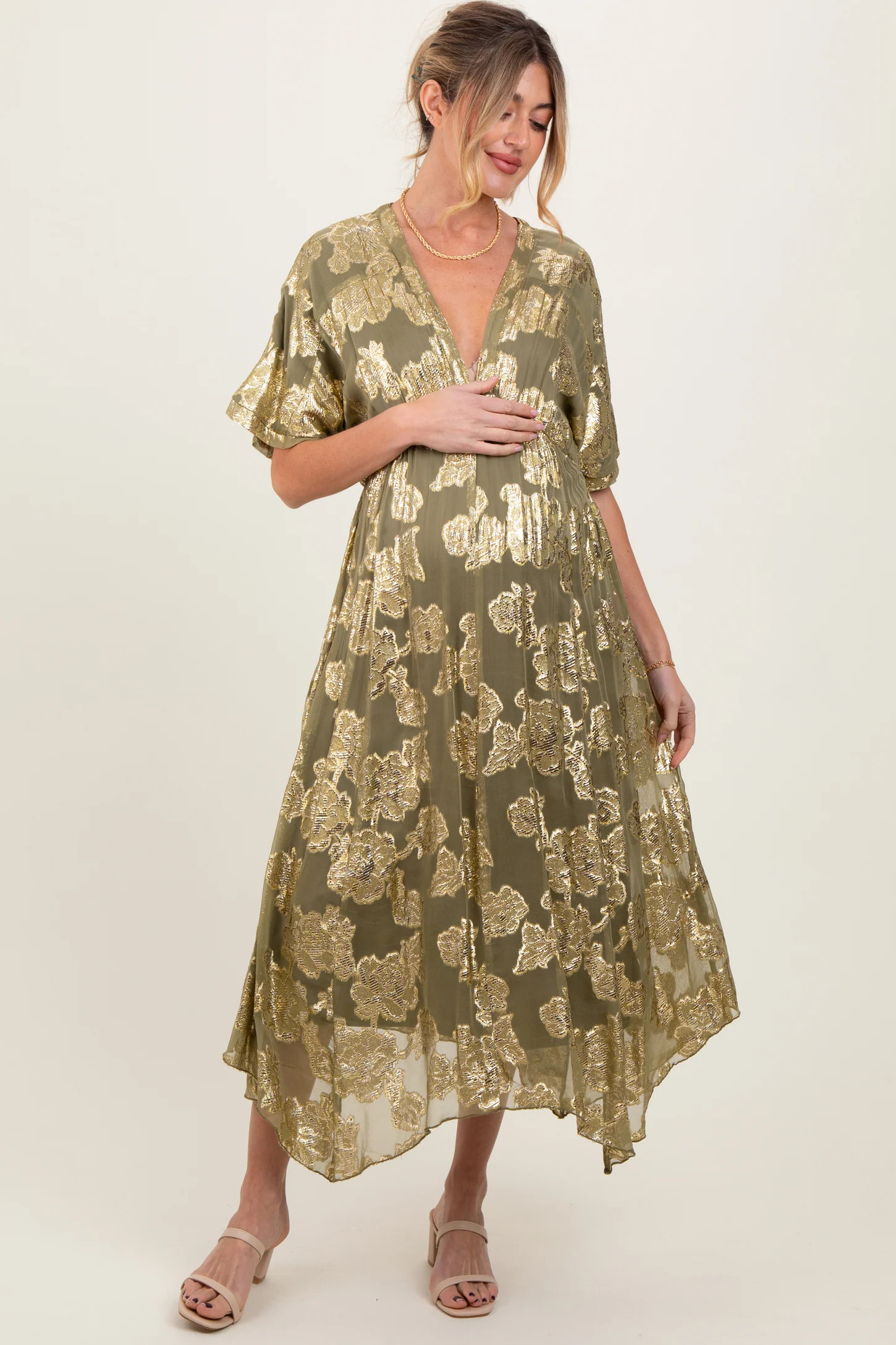 Olive Metallic Floral Jacquard Overlay Maternity Maxi Dress | PinkBlush Maternity