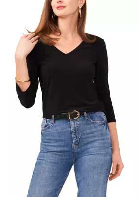 Vince Camuto Women's Petite 3/4 Sleeve V-Neck Top, Black, PS | Belk