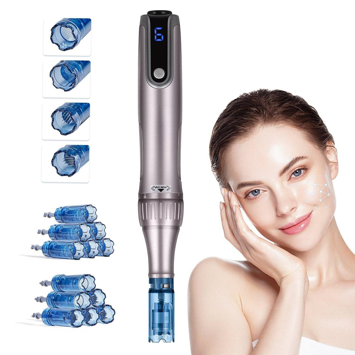 Glintex - Professional Microneedling Pen M8S Electric Derma Pen w/ 12 Anti-Backflow Cartridges, LCD, 6 Speed, Adjustable Depth | Best Buy U.S.