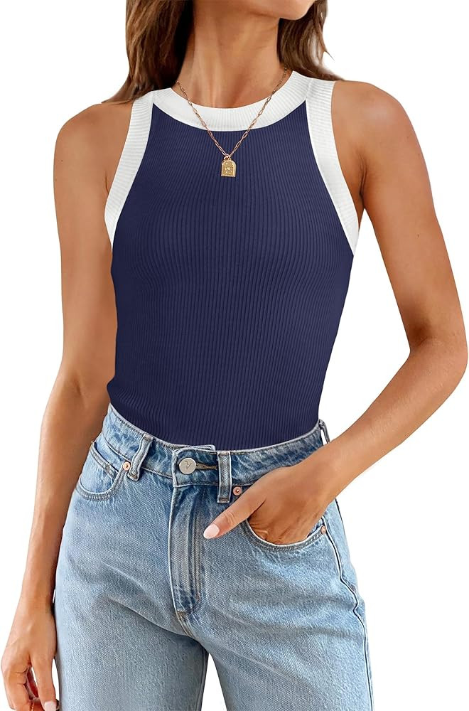 ZESICA Womens Summer Sleeveless Tank Tops Ribbed High Neck Racerback Slim Fitted Color Block Casu... | Amazon (US)