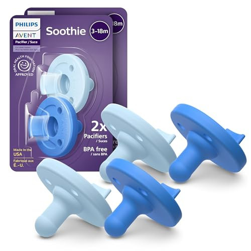 Philips Avent Soothie Baby Pacifiers - 100% Silicone Pacifiers for Babies 3-18 Months, One-piece Design, BPA-Free, Extra Durable, Sky Blue and Light Blue, 4 Pack, Model SCF192/71 | Amazon (US)