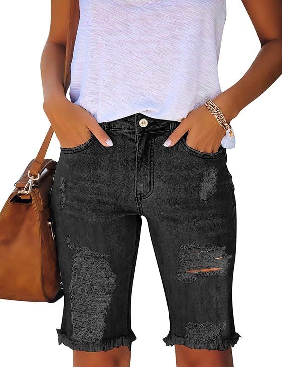 Utyful Women Summer Frayed Ripped Bermuda Shorts Distressed Denim Jeans Short | Amazon (US)