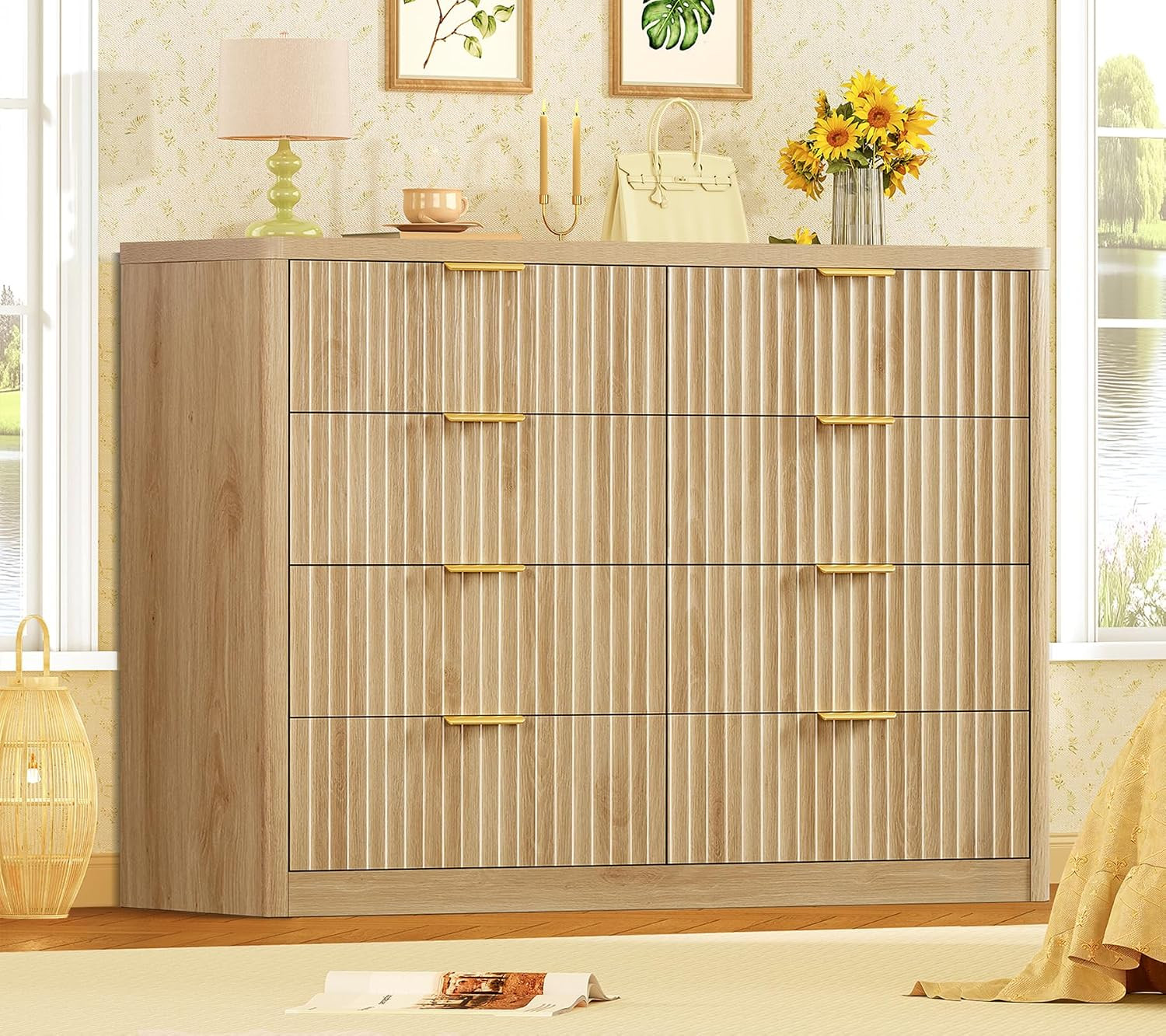 TEENOFN Fluted Dresser for Bedroom with 8 Drawers, 47.2" Wide Modern Chest of Drawers with Metal Handle, Dresser TV Stand, Wood Closet Clothes Storage Organizer for Living Room, Hallway, Natural | Amazon (US)
