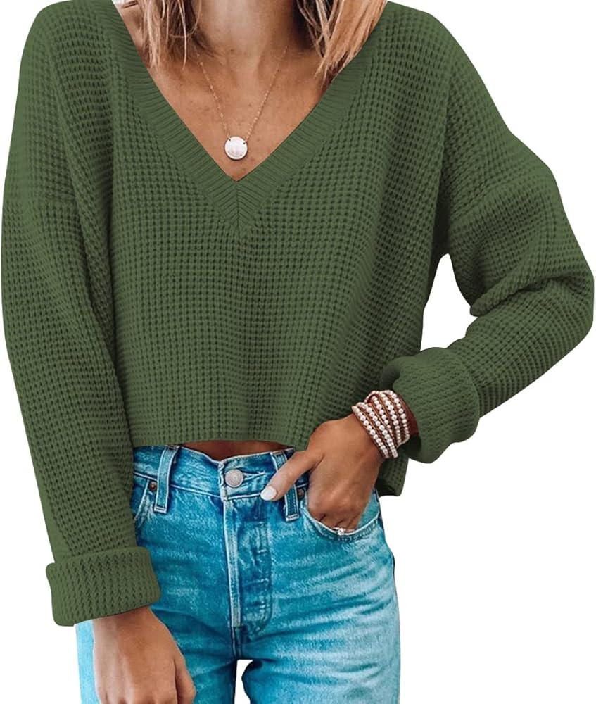 Womens V Neck Waffle Knit Cropped Top Long Sleeve Pullover Crop Sweater | Amazon (US)