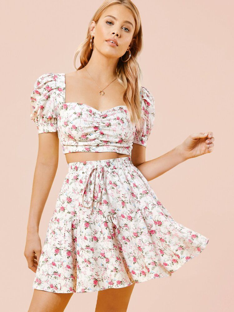 SHEIN Ruched Front Shirred Back Ditsy Floral Print Top & Skirt Set | SHEIN