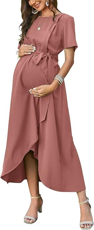 Arach&Cloz Womens Maternity Dress 2023 Summer Short Sleeve Maxi Dresses for Nursing Photoshoot Ba... | Amazon (US)