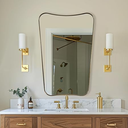 Gold Bathroom Mirror, Irregular Wall Mirror, Asymmetrical Mirror with Anti-rust Metal Frame, 24x3... | Amazon (US)