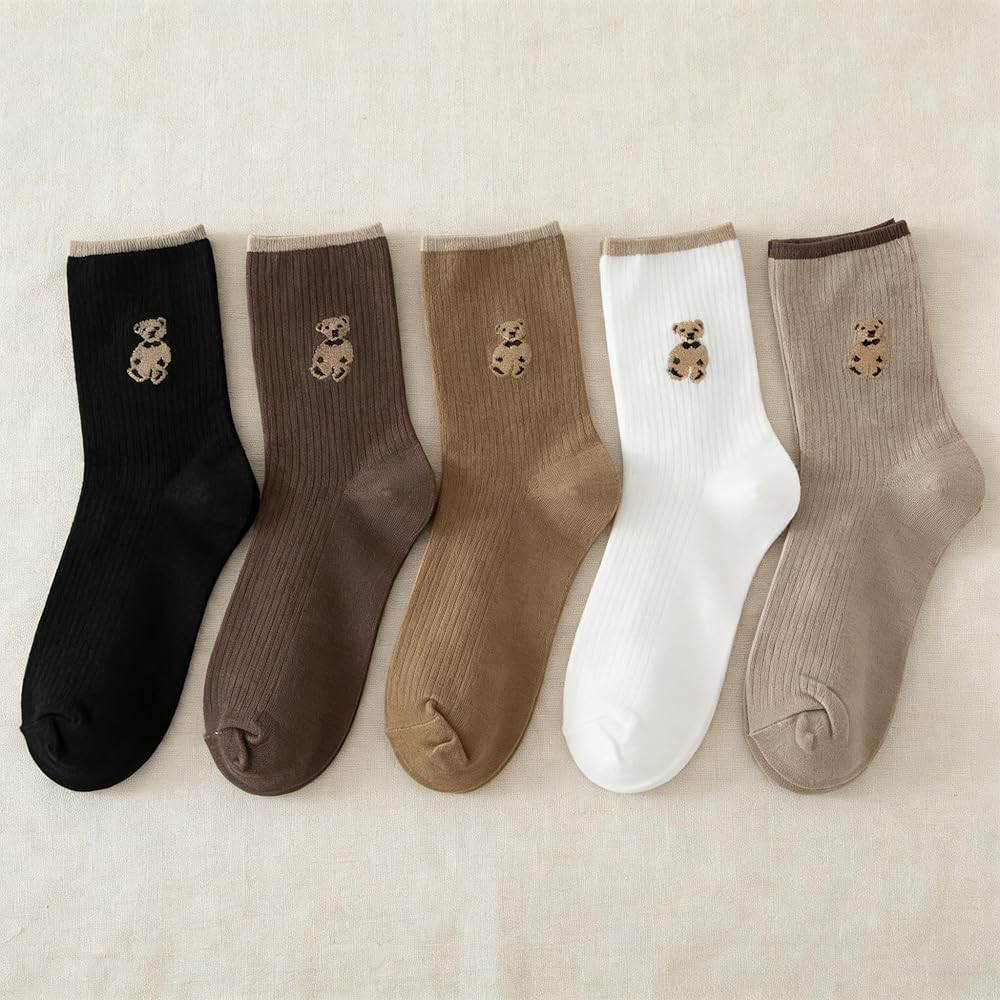 Amazon.com: 5-Pair Women's Cute Bear Crew Socks, Soft Cotton Casual Socks with Embroidered Bear D... | Amazon (US)