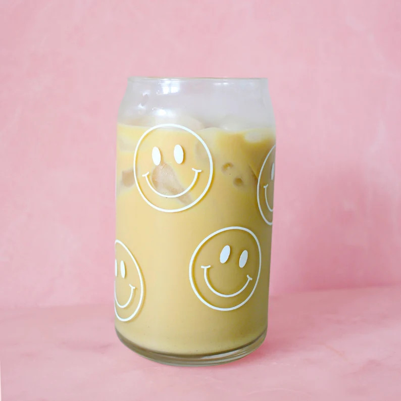 Happy Face Beer Can Glass w/ Lid | Soda Can Glass | Iced Coffee Glass | Glass Coffee Cup | Aesthe... | Etsy (US)