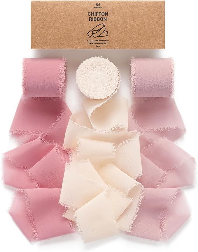 Vitalizart Chiffon Silk Ribbon 1.5" x 21Yd Handmade Frayed Edge Pink & Nude Ribbons for Gift Wrap... | Amazon (US)