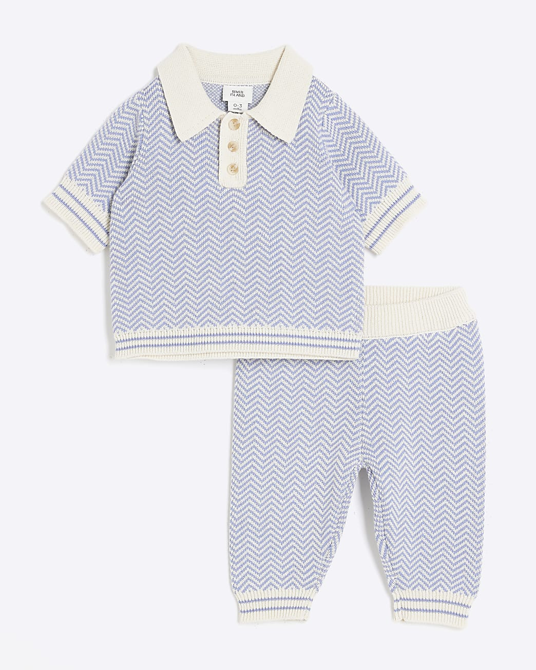 Baby Boys Blue Knitted Zig Zag Polo Shirt Set | River Island UK & IE
