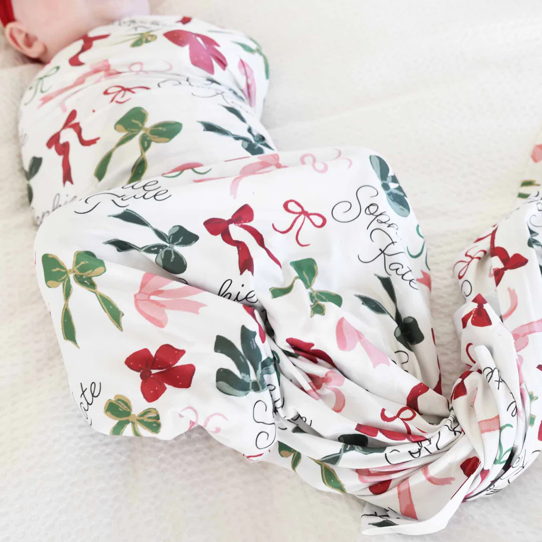 Mistletoe Bows Personalized Swaddle Blanket | Caden Lane