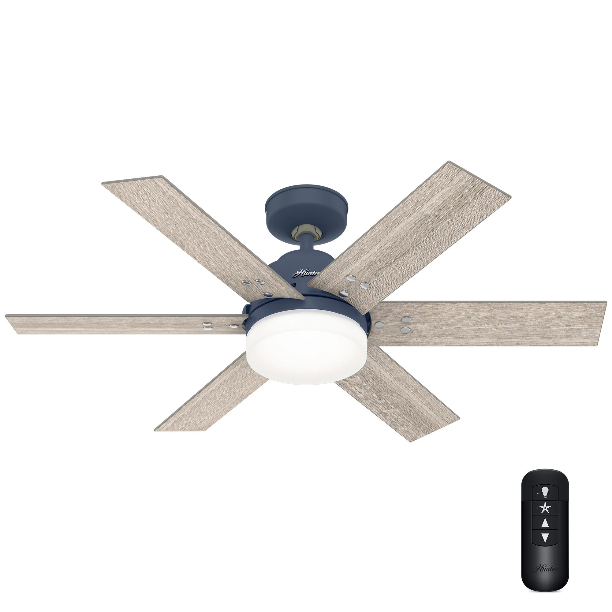 Hunter Pacer 44-in Indigo Blue with Light Gray Oak Blades Ceiling Fan With Light - Remote Included ( 6 -Blade ) | 51206 | Lowe's