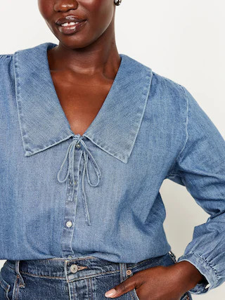 Long-Sleeve Button-Down Cropped Denim Shirt | Old Navy (US)