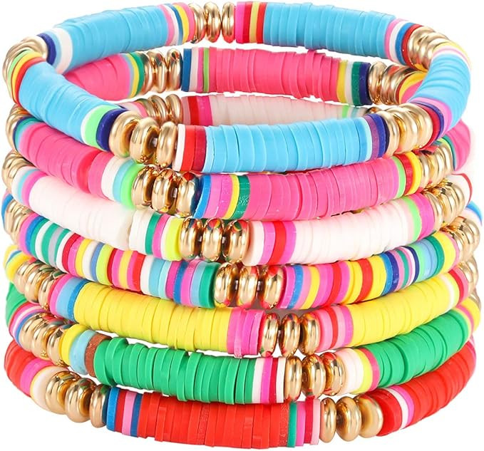 Surfer Heishi Bracelets for Women Stackable Rainbow Vinyl Disc Beaded Stretch Bracelets Elastic L... | Amazon (US)
