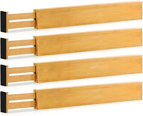 Adjustable Bamboo Drawer Dividers Organizers - 4 Pack Large Expandable Drawer Organization Separator | Amazon (US)