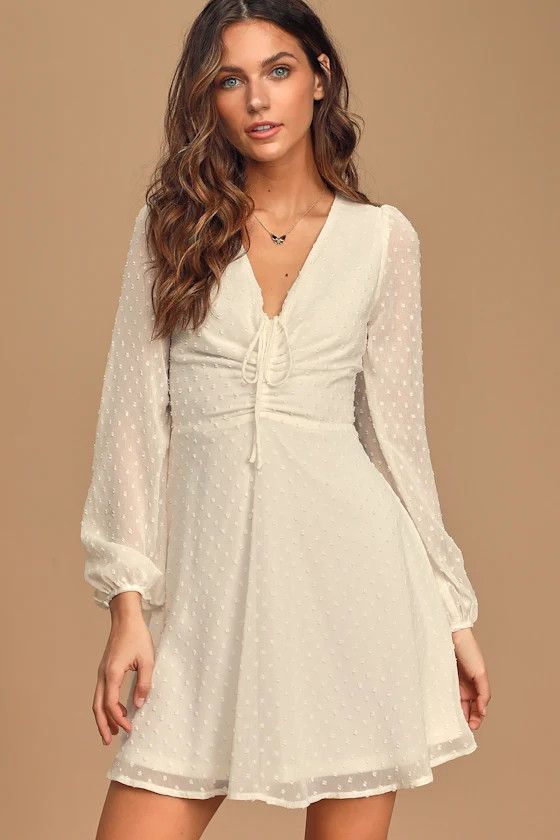Wine and Dine White Swiss Dot Long Sleeve Skater Dress | Lulus (US)