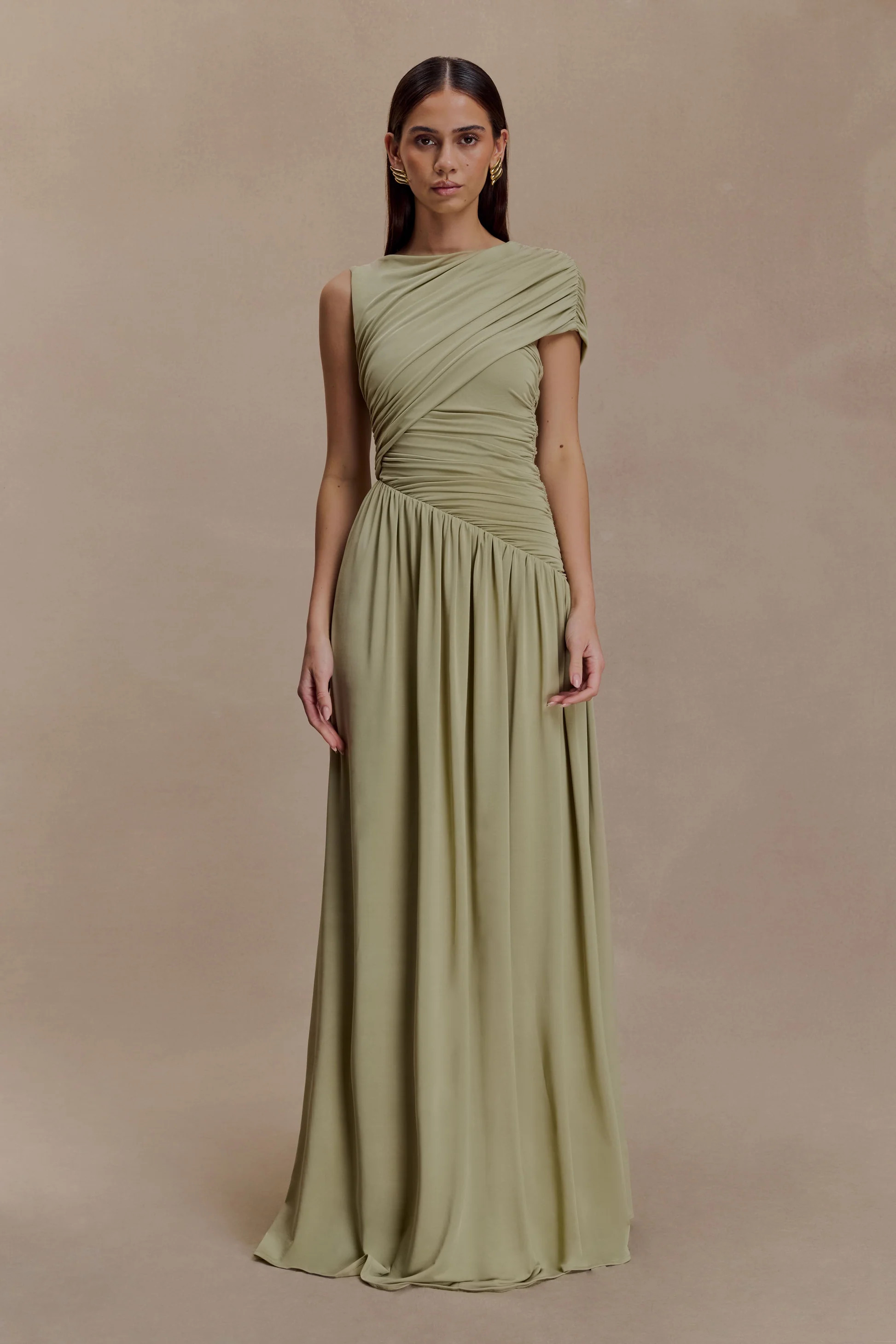 Ayeshya Slinky Asymmetric Maxi Dress - Sage | MESHKI US