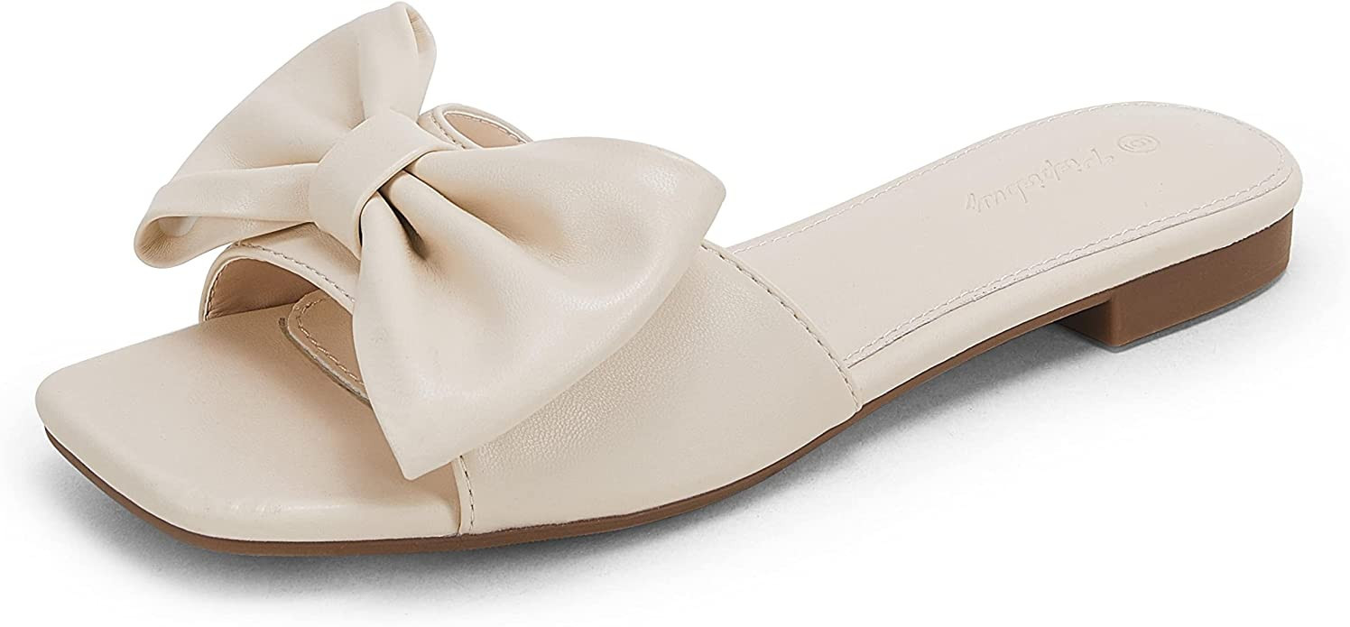 PiePieBuy Womens Slip On Slide Sandals Bow-Knot Open Square Toe Flat Slippers Soft Casual Summer ... | Amazon (US)