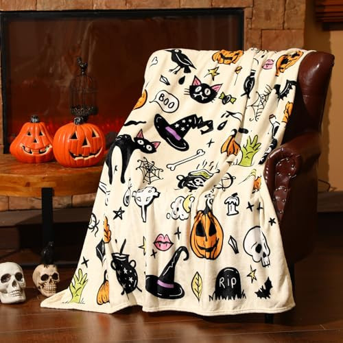 FuWeave Halloween Throw Blanket Cute Ghost Pumpkin Flannel Blanket Soft Plush Fleece Spooky Halloween Decoration for Sofa Bed Holiday Party Gifts, 50"x60" | Amazon (US)