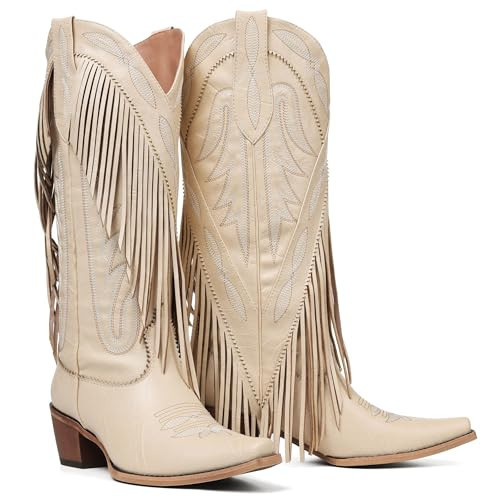 Mattiventon Cowboy Boots for Women Fringe Knee High Cowgirl Western Boots with Retro Embroidery Pointed Toe Chunky Heel for Weddings Parties | Amazon (US)