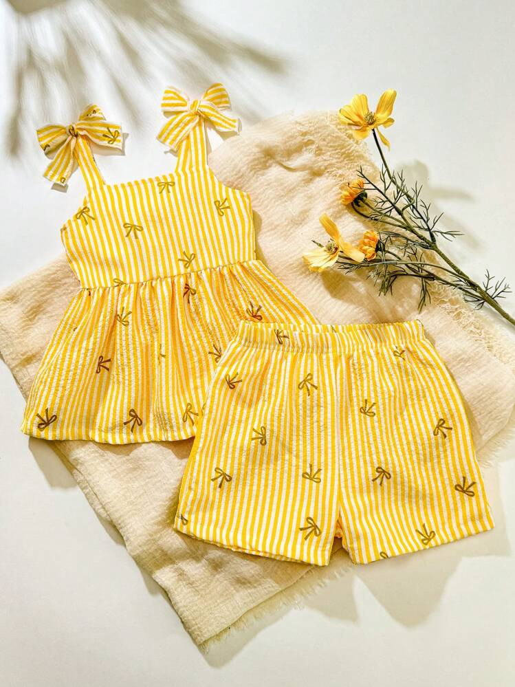SHEIN Playful Pals 2pcs Baby/Toddler Girls Spring/Summer Casual Everyday Cute Vacation Stripe Bow Sleeveless Top + Shorts Set, 0-3 Years Old | SHEIN